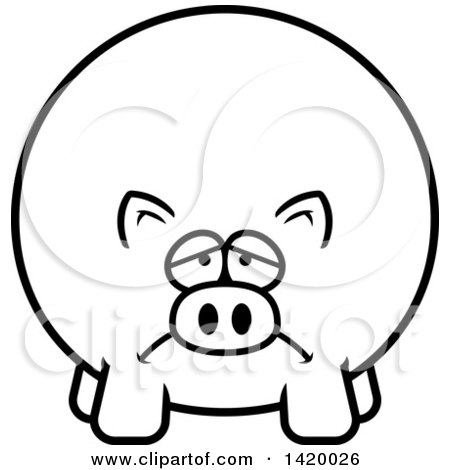 Clipart of a Cartoon Black and White Lineart Depressed Chubby Pig - Royalty Free Vector Illustration by Cory Thoman