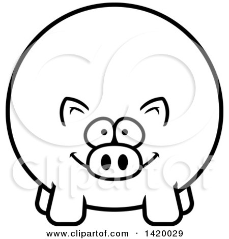 Clipart of a Cartoon Black and White Lineart Chubby Pig - Royalty Free Vector Illustration by Cory Thoman