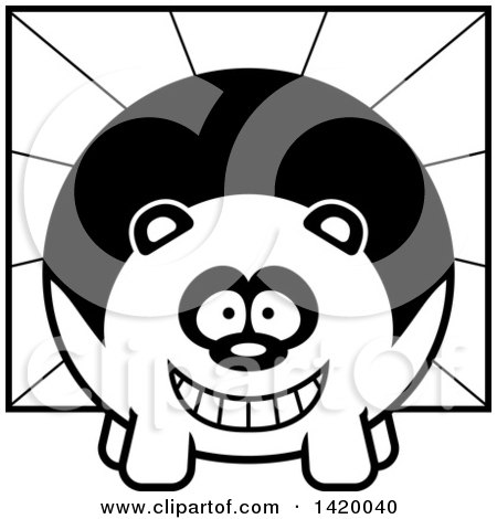 Clipart of a Cartoon Black and White Lineart Chubby Panda over Rays - Royalty Free Vector Illustration by Cory Thoman