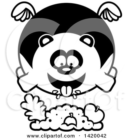 Clipart of a Cartoon Black and White Lineart Chubby Panda Flying and Eating - Royalty Free Vector Illustration by Cory Thoman