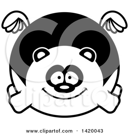 Clipart of a Cartoon Black and White Lineart Chubby Panda Flying - Royalty Free Vector Illustration by Cory Thoman