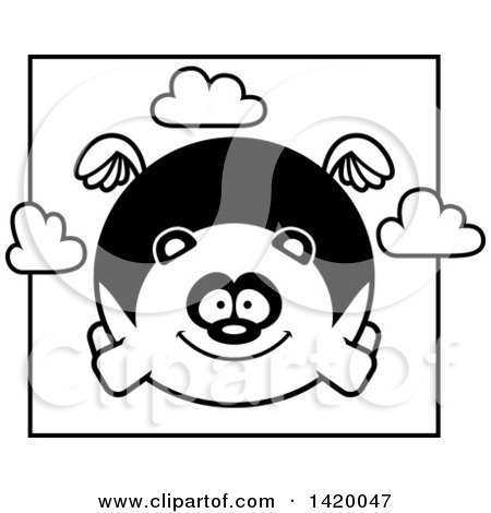 Clipart of a Cartoon Black and White Lineart Chubby Panda Flying - Royalty Free Vector Illustration by Cory Thoman