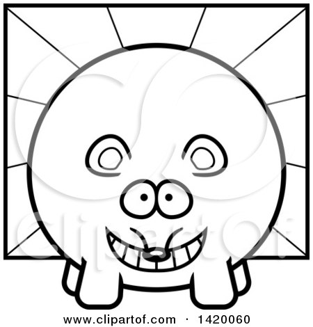 Clipart of a Cartoon Black and White Lineart Chubby Mouse over Rays - Royalty Free Vector Illustration by Cory Thoman