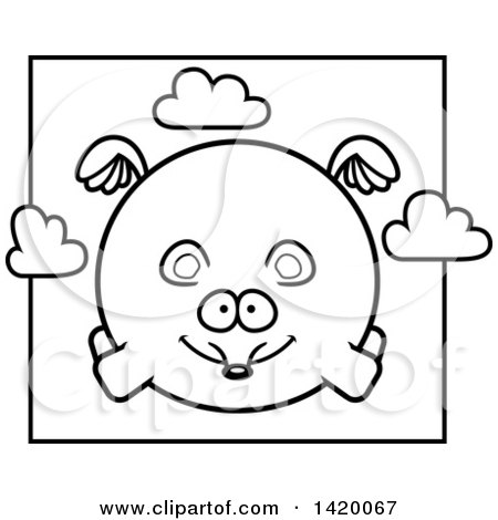 Clipart of a Cartoon Black and White Lineart Chubby Mouse Flying - Royalty Free Vector Illustration by Cory Thoman