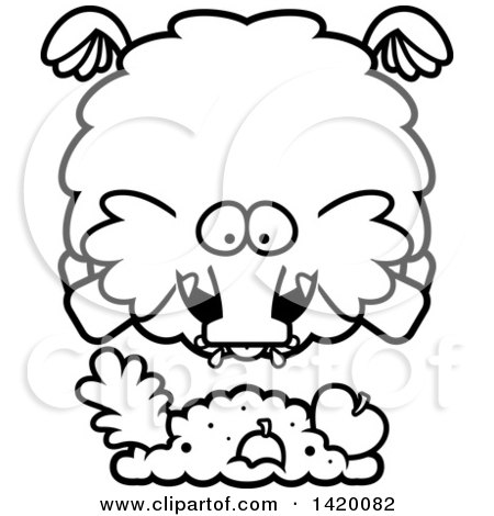 Clipart of a Cartoon Black and White Lineart Chubby Woolly Mammoth Flying and Eating - Royalty Free Vector Illustration by Cory Thoman
