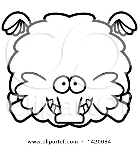 Clipart of a Cartoon Black and White Lineart Chubby Woolly Mammoth Flying - Royalty Free Vector Illustration by Cory Thoman