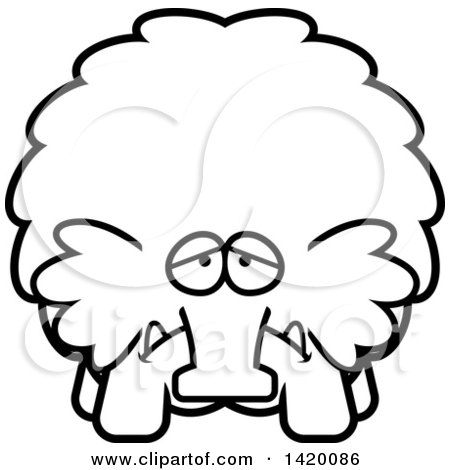 Clipart of a Cartoon Black and White Lineart Depressed Chubby Woolly Mammoth - Royalty Free Vector Illustration by Cory Thoman