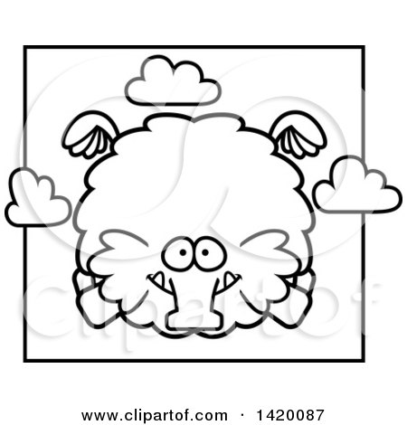 Clipart of a Cartoon Black and White Lineart Chubby Woolly Mammoth Flying - Royalty Free Vector Illustration by Cory Thoman