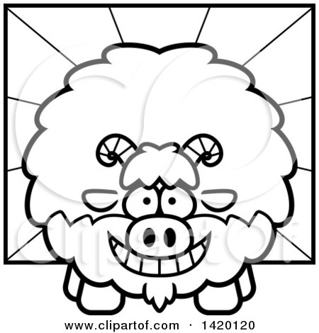 Clipart of a Cartoon Black and White Lineart Chubby Goat over Rays - Royalty Free Vector Illustration by Cory Thoman