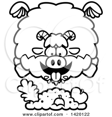 Clipart of a Cartoon Black and White Lineart Chubby Goat Flying and Eating - Royalty Free Vector Illustration by Cory Thoman