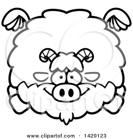 Clipart of a Cartoon Black and White Lineart Chubby Goat Flying - Royalty Free Vector Illustration by Cory Thoman