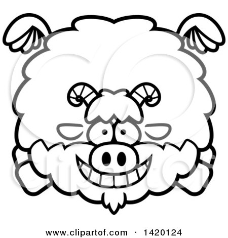 Clipart of a Cartoon Black and White Lineart Chubby Goat Flying - Royalty Free Vector Illustration by Cory Thoman