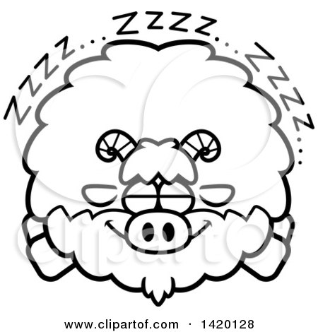 Clipart of a Cartoon Black and White Lineart Chubby Goat Sleeping - Royalty Free Vector Illustration by Cory Thoman