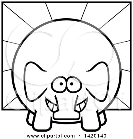 Clipart of a Cartoon Black and White Lineart Chubby Elephant over Rays - Royalty Free Vector Illustration by Cory Thoman