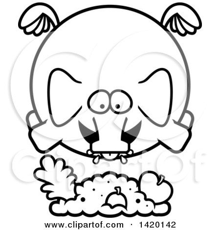 Clipart of a Cartoon Black and White Lineart Chubby Elephant Flying and Eating - Royalty Free Vector Illustration by Cory Thoman