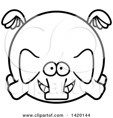 Clipart of a Cartoon Black and White Lineart Chubby Elephant Flying - Royalty Free Vector Illustration by Cory Thoman