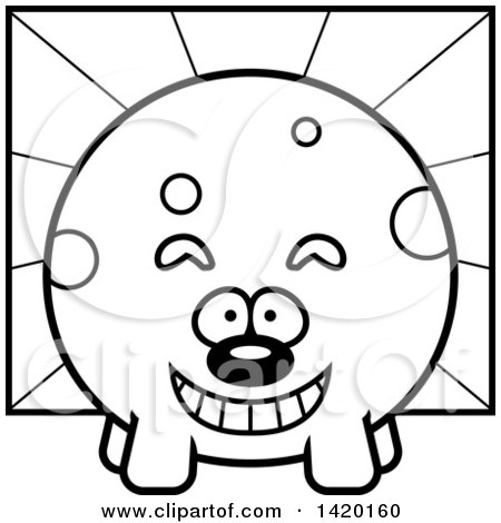 Clipart of a Cartoon Black and White Lineart Chubby Dog over Rays - Royalty Free Vector Illustration by Cory Thoman