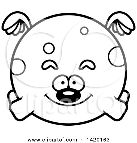 Clipart of a Cartoon Black and White Lineart Chubby Dog Flying - Royalty Free Vector Illustration by Cory Thoman