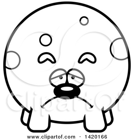 Clipart of a Cartoon Black and White Lineart Depressed Chubby Dog - Royalty Free Vector Illustration by Cory Thoman