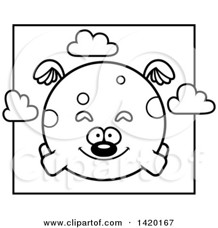 Clipart of a Cartoon Black and White Lineart Chubby Dog Flying - Royalty Free Vector Illustration by Cory Thoman