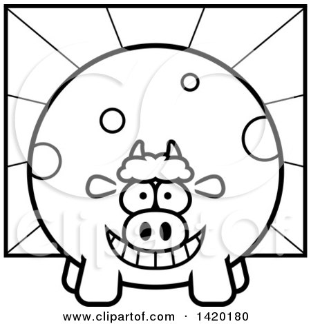 Clipart of a Cartoon Black and White Lineart Chubby Cow over Rays - Royalty Free Vector Illustration by Cory Thoman