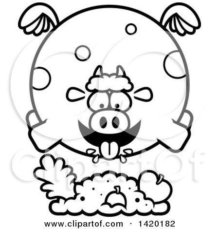 Clipart of a Cartoon Black and White Lineart Chubby Cow Flying and Eating - Royalty Free Vector Illustration by Cory Thoman