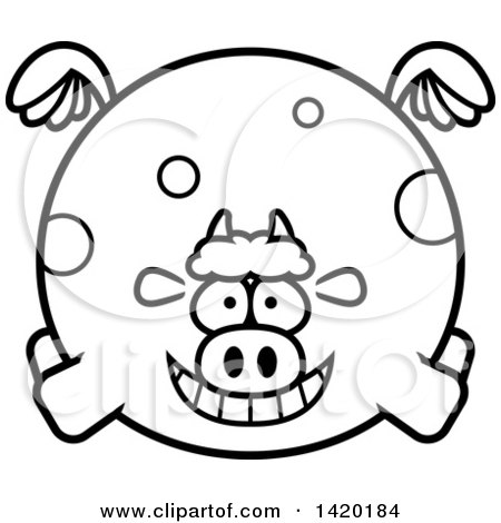 Clipart of a Cartoon Black and White Lineart Chubby Cow Flying - Royalty Free Vector Illustration by Cory Thoman