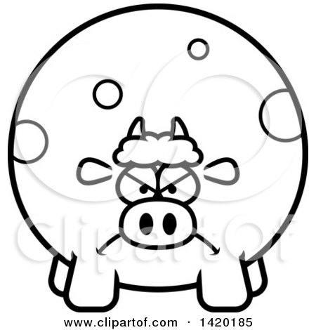 Clipart of a Cartoon Black and White Lineart Mad Chubby Cow - Royalty Free Vector Illustration by Cory Thoman