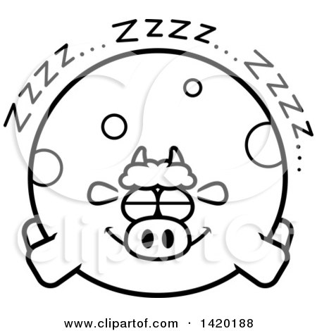 Clipart of a Cartoon Black and White Lineart Chubby Cow Sleeping - Royalty Free Vector Illustration by Cory Thoman