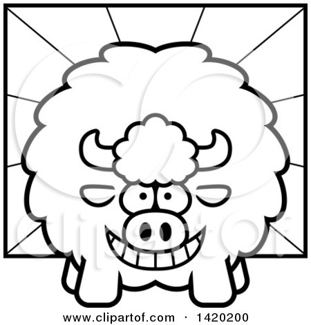 Clipart of a Cartoon Black and White Lineart Chubby Buffalo over Rays - Royalty Free Vector Illustration by Cory Thoman