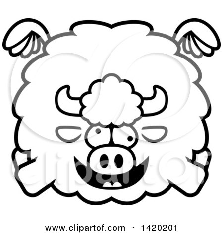Clipart of a Cartoon Black and White Lineart Chubby Crazy Buffalo Flying - Royalty Free Vector Illustration by Cory Thoman