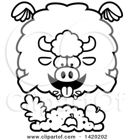 Clipart of a Cartoon Black and White Lineart Chubby Buffalo Flying and Eating - Royalty Free Vector Illustration by Cory Thoman