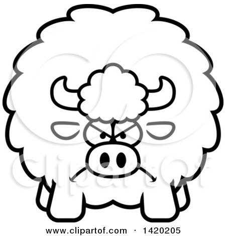 Clipart of a Cartoon Black and White Lineart Mad Chubby Buffalo - Royalty Free Vector Illustration by Cory Thoman