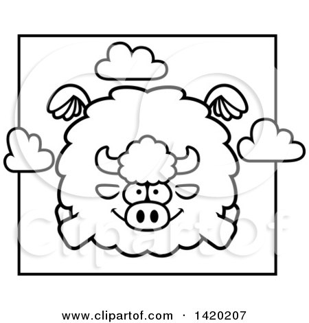 Clipart of a Cartoon Black and White Lineart Chubby Buffalo Flying - Royalty Free Vector Illustration by Cory Thoman
