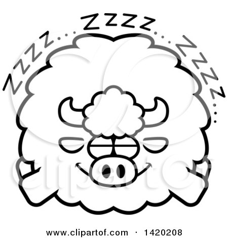 Clipart of a Cartoon Black and White Lineart Chubby Buffalo Sleeping - Royalty Free Vector Illustration by Cory Thoman