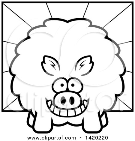 Clipart of a Cartoon Black and White Lineart Chubby Boar over Rays - Royalty Free Vector Illustration by Cory Thoman