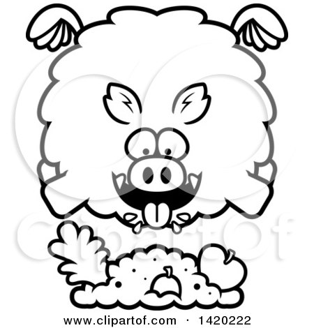 Clipart of a Cartoon Black and White Lineart Chubby Boar Flying and Eating - Royalty Free Vector Illustration by Cory Thoman