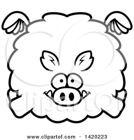 Clipart of a Cartoon Black and White Lineart Chubby Boar Flying - Royalty Free Vector Illustration by Cory Thoman