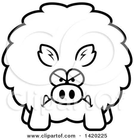 Clipart of a Cartoon Black and White Lineart Mad Chubby Boar - Royalty Free Vector Illustration by Cory Thoman