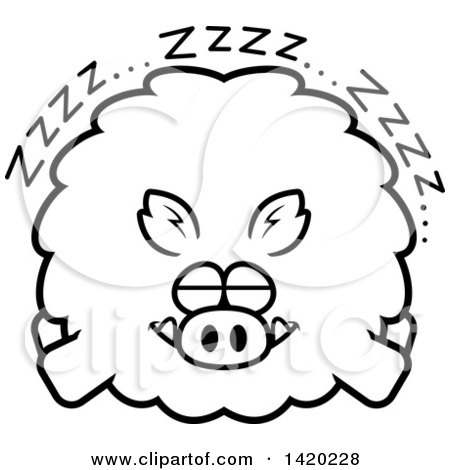 Clipart of a Cartoon Black and White Lineart Chubby Boar Sleeping - Royalty Free Vector Illustration by Cory Thoman