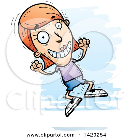 Clipart of a Cartoon Doodled White Woman Jumping for Joy - Royalty Free Vector Illustration by Cory Thoman
