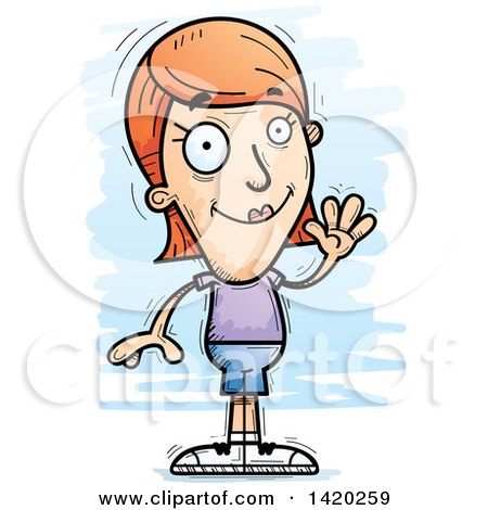 Clipart of a Cartoon Doodled Friendly White Woman Waving - Royalty Free Vector Illustration by Cory Thoman