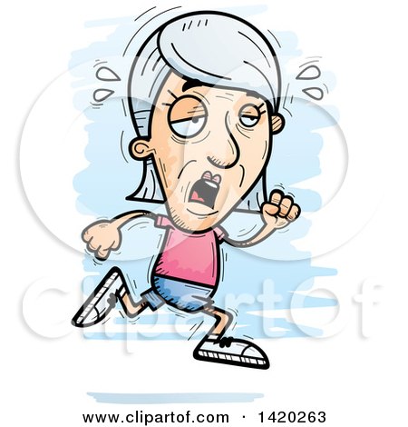 Clipart of a Cartoon Doodled Exhausted Senior White Woman Running - Royalty Free Vector Illustration by Cory Thoman
