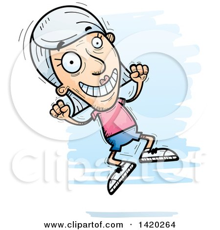 Clipart of a Cartoon Doodled Senior White Woman Jumping for Joy - Royalty Free Vector Illustration by Cory Thoman