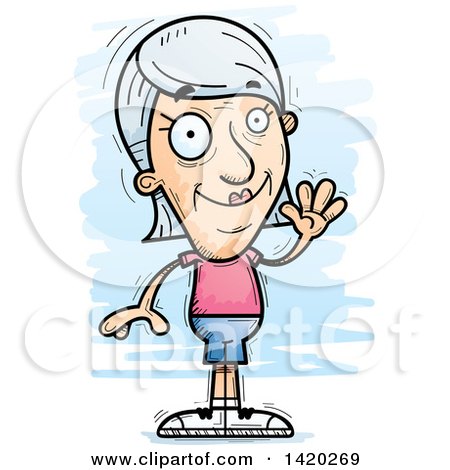 Clipart of a Cartoon Doodled Friendly Senior White Woman Waving - Royalty Free Vector Illustration by Cory Thoman