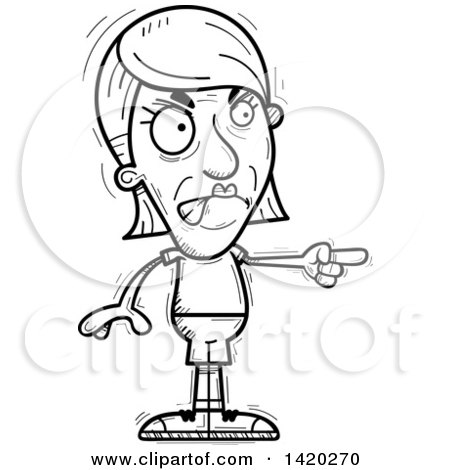 Clipart of a Cartoon Black and White Lineart Doodled Angry Senior Woman Pointing - Royalty Free Vector Illustration by Cory Thoman