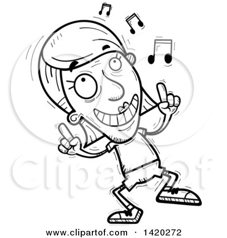 Clipart of a Cartoon Black and White Lineart Doodled Senior Woman Dancing to Music - Royalty Free Vector Illustration by Cory Thoman