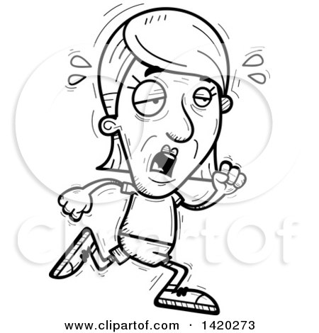 Clipart of a Cartoon Black and White Lineart Doodled Exhausted Senior Woman Running - Royalty Free Vector Illustration by Cory Thoman
