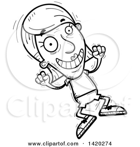 Clipart of a Cartoon Black and White Lineart Doodled Senior Woman Jumping for Joy - Royalty Free Vector Illustration by Cory Thoman