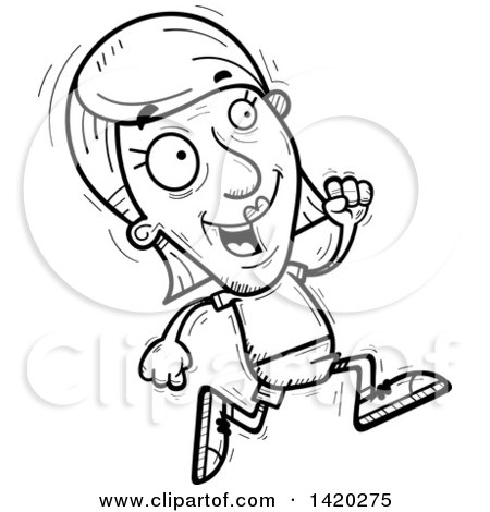 Clipart of a Cartoon Black and White Lineart Doodled Senior Woman Running - Royalty Free Vector Illustration by Cory Thoman